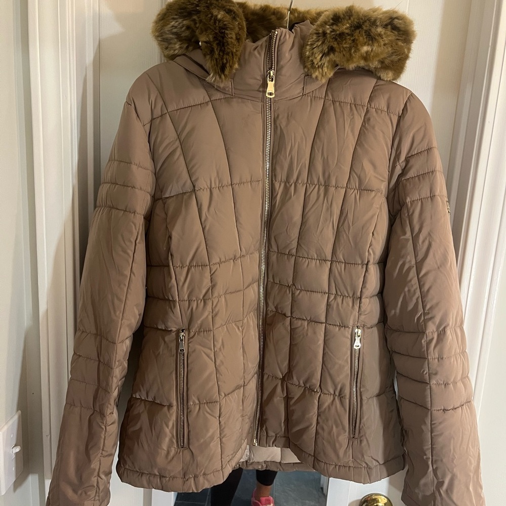 Calvin Klein Taupe Puffer Jacket with Faux Fur Trim